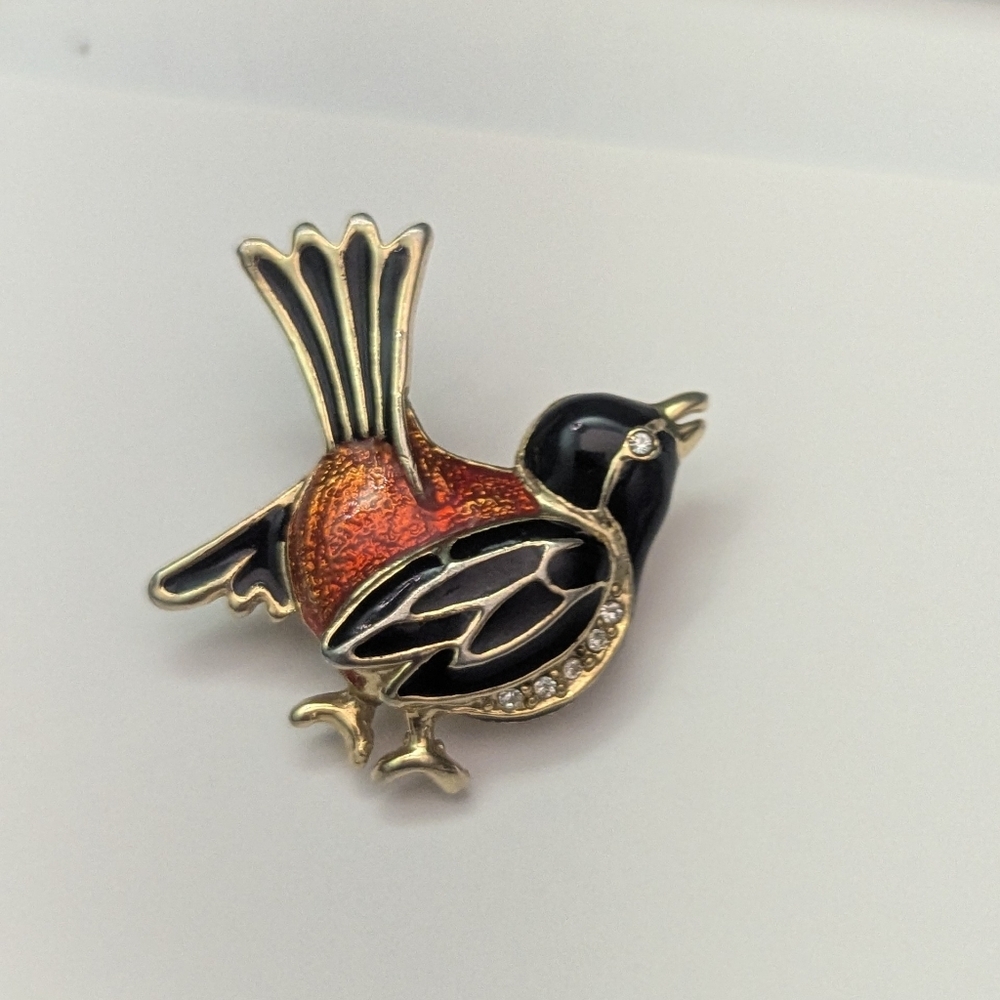 🐦 Vintage Bird Brooch Pin Black Orange Rhinestone Nature Lover Spring Mothers